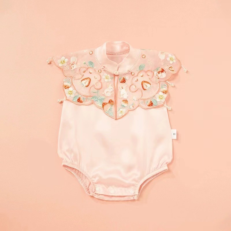 夏款天丝爬服中式丝绸刺绣女宝宝满月百天连体衣真丝抓周岁宴礼服|undefined
