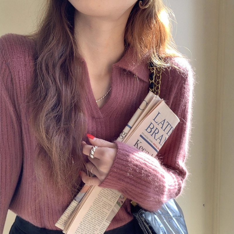 Plum Color French Beautiful Knitwear for Women in Autumn and Winter V-Neck Right Shoulder Long-Sleeved Inner Top Soft Waxy Pullover Knitwear
