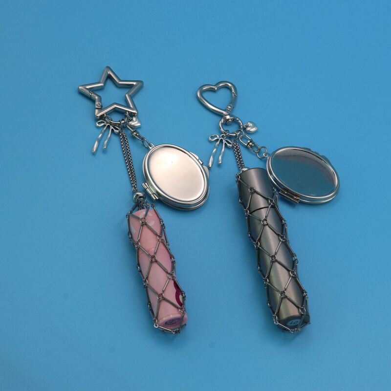 Metal Stainless Steel Mesh Lipstick Holder DIY Bag Pendant Ins Popular Silver Heart Star Chain Pendant