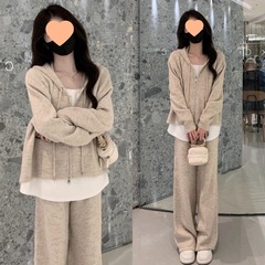 2025年春秋季套装女新款休闲时尚假两件开衫卫衣宽松阔腿裤两件套