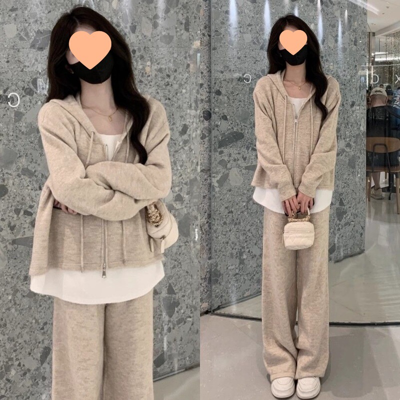 2025年春秋季套装女新款休闲时尚假两件开衫卫衣宽松阔腿裤两件套|undefined