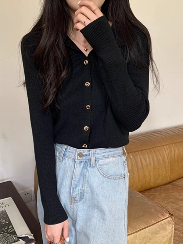 别致polo领纽扣针织羊毛衣外套秋chic法式复古内搭长袖上衣女开衫|undefined