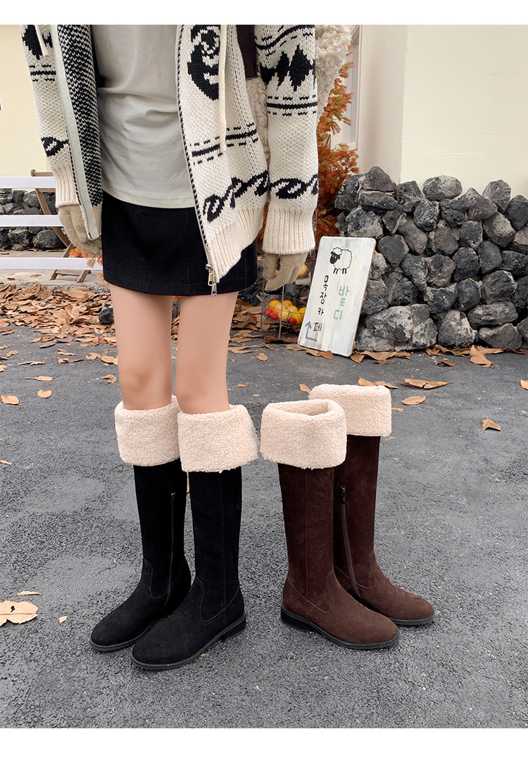 Boot nữ cổ cao ôm chân da bò lộn gót dày hai lớp lông — màu nâu chi tiết 23