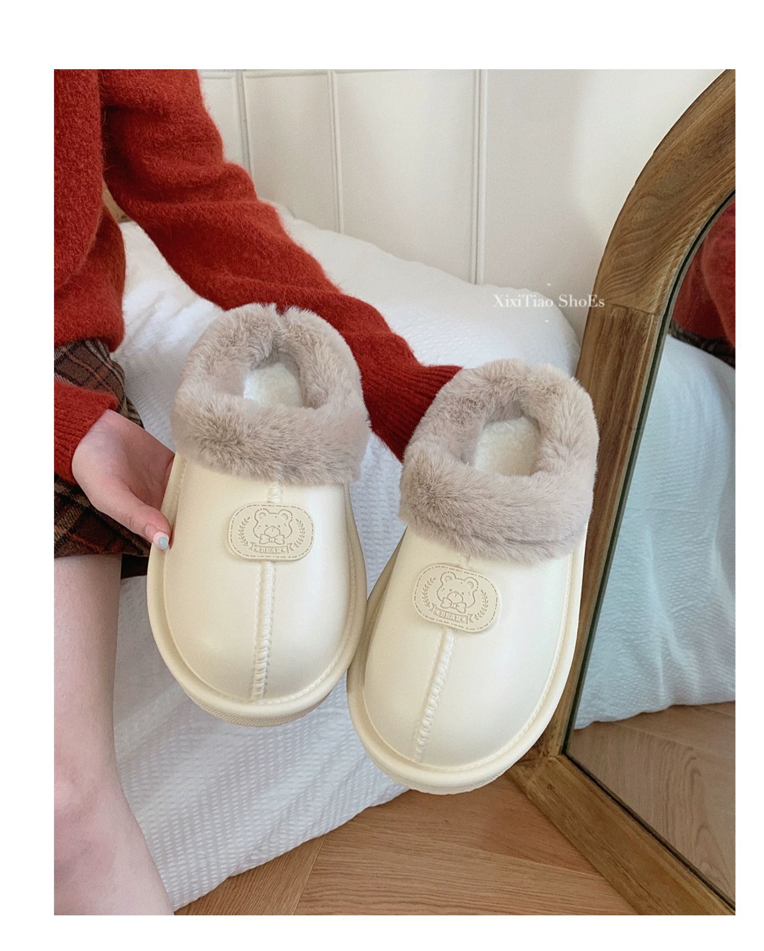 Korėjietiško stiliaus madingi drabužiai viduje ir lauke su pašiltinimu ir patogiomis medvilninėmis šlepetėmis, pliušiniu minkštu padu, paprasti_voghion.com