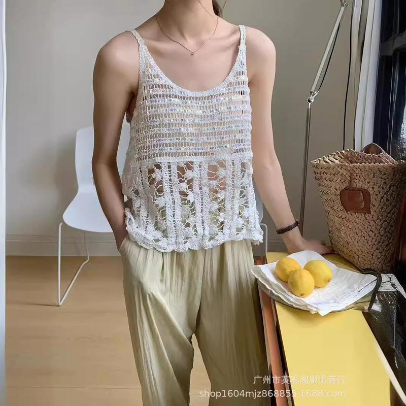 Hollow Top Blouse ~ Ethnic Style Knitted Sleeveless Crochet Vest Cut Out Crochet Suspender Summer Vest for Women Hollow Top Blouse ~ Ethnic Style Knitted Sleeveless Crochet Vest Cut Out Crochet Suspender Summer Vest for Women