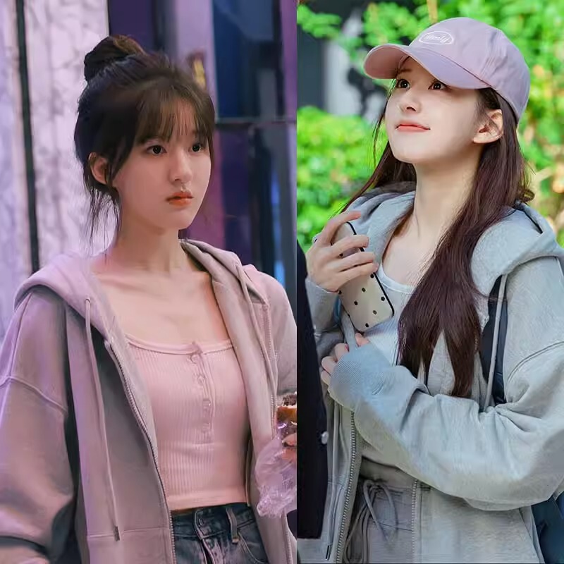 Secretly Can'T Hide Sang Zhi Zhao Lusi's Same Style Gray Hooded Loose and Versatile Zipper Cardigan Jacket Clothes Sweatshirt