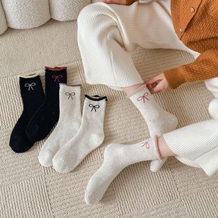 Women's Socks for Autumn and Winter, Thick Terry Socks, Warm Dotted Yarn Socks with Bow, Mid-Calf Socks, Floor Socks, Breathable Women's Socks