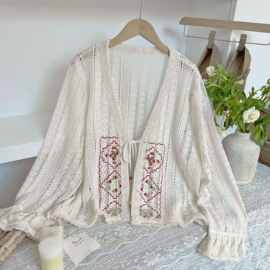 日系小清新甜美文艺复古刺绣流苏拼接镂空针织披风宽松防晒衫女春