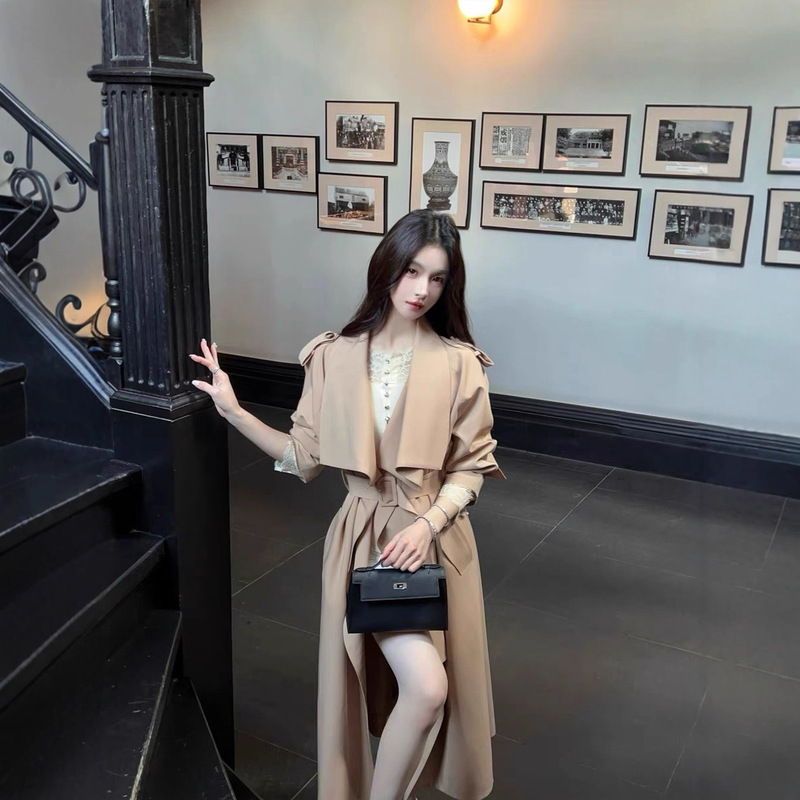 FairyJiang秋季新款翻领卡其色风衣外套女长款收腰休闲大衣含腰带|undefined