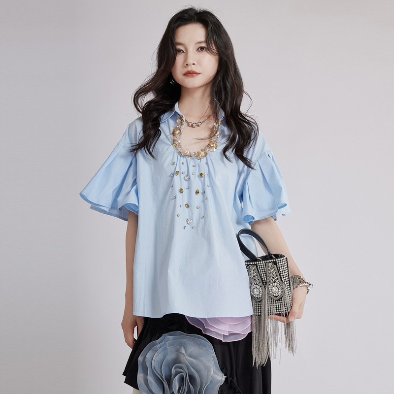 2025 Summer New French Style Refined High-end Elegant U Collar Beaded Flower Shirt Loose Simple Fashion Top for Women
