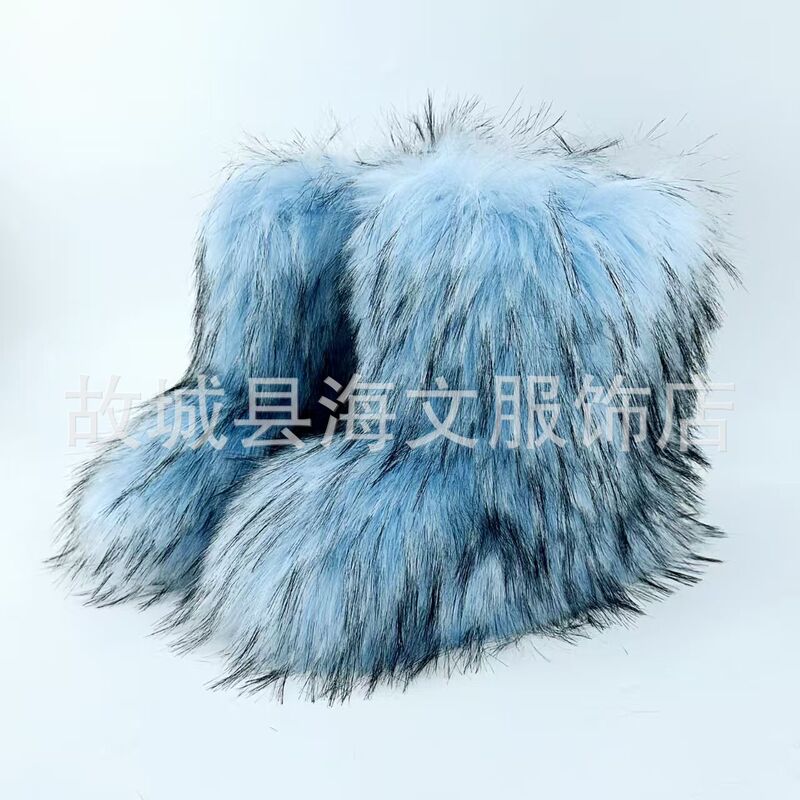 欧美跨境辣妹y2k毛毛靴子女冬季保暖时尚靴中筒靴大码平跟雪地靴|undefined