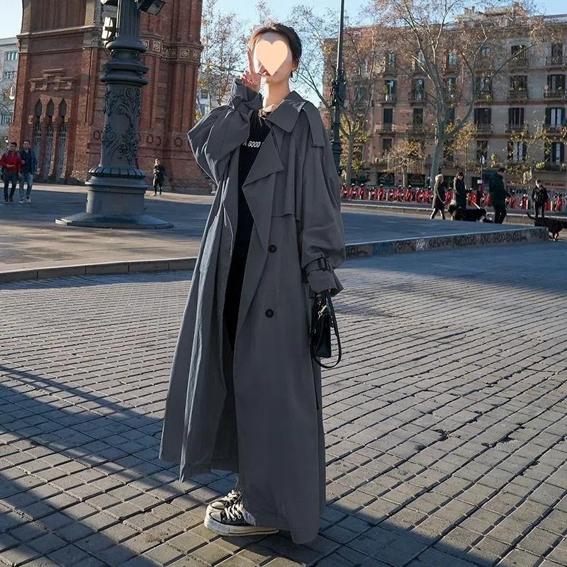韩版胖风衣女春学生宽松长款到脚踝垂感高个子大码外套潮.|undefined
