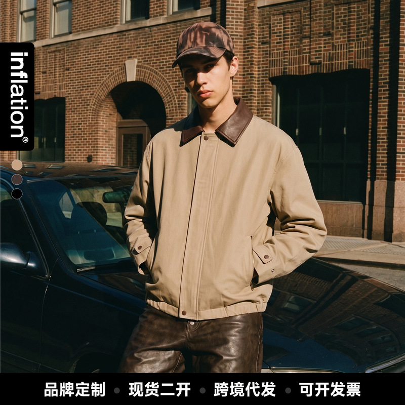 Jie Zhan Men's Clothing | Leather patchwork retro jacket, new autumn/winter 2026 collection, American retro street style, zip-up, with a stand-up collar