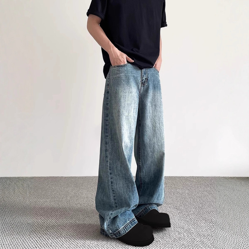 American High Street Cleanfit Distressed Blue Jeans Men's Spring and Autum Trendy Brand Straight Versatile Wide-Leg Long Pants