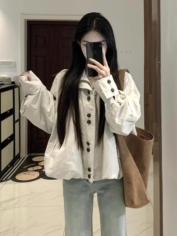 花苞型长袖风衣女秋季新款宽松显瘦设计感小众百搭短款外套上衣潮|undefined