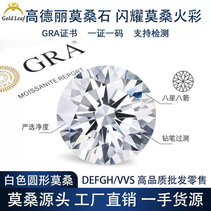 圆形莫桑石八心八箭VVS净度莫桑石裸石耳钉项链DIY饰品厂家直供