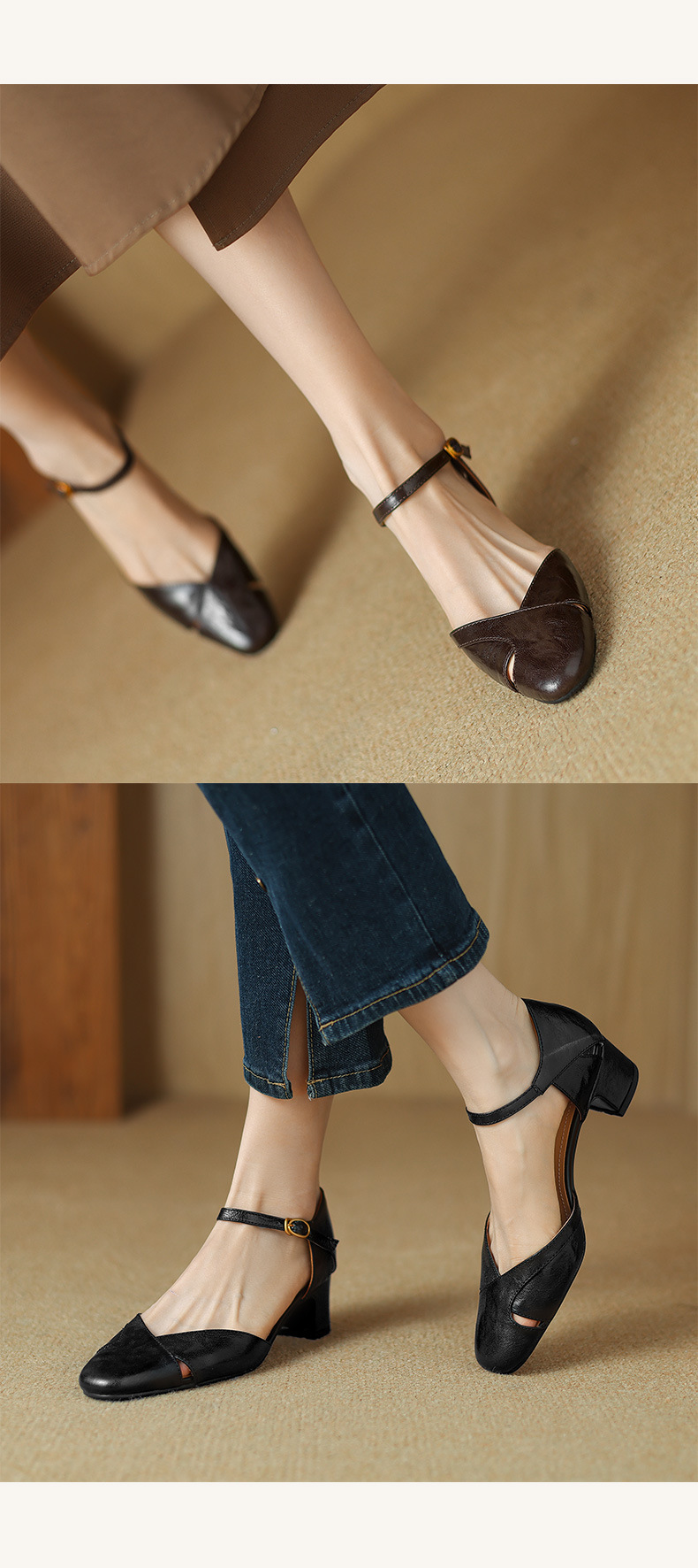 Sandal nữ quai ngang bít mũi gót cao vừa phong cách đơn giản đi làm — Màu nâu chi tiết 8