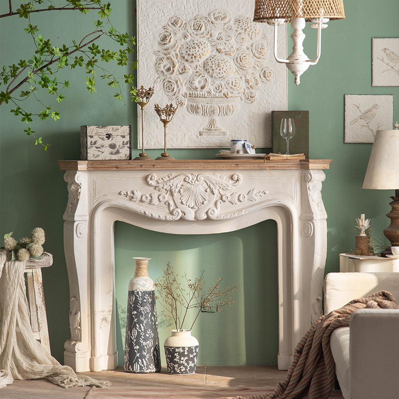现货欧式白色壁炉架实木婚礼摄影道具装饰柜子客厅仿大理石玄关台