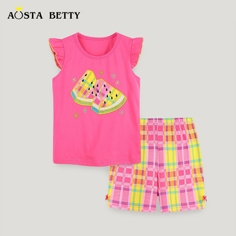 Traje de manga corta para niñas de estilo europeo y americano bordado verano nuevo jersey de dibujos animados de dos piezas de algodón de punto traje para niños