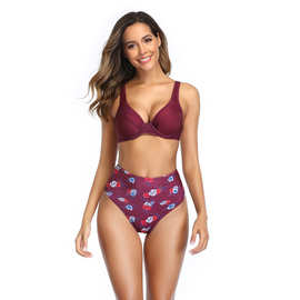 新款泳装Bikini 时尚印花硬包带钢托款比基尼 欧美高腰泳衣