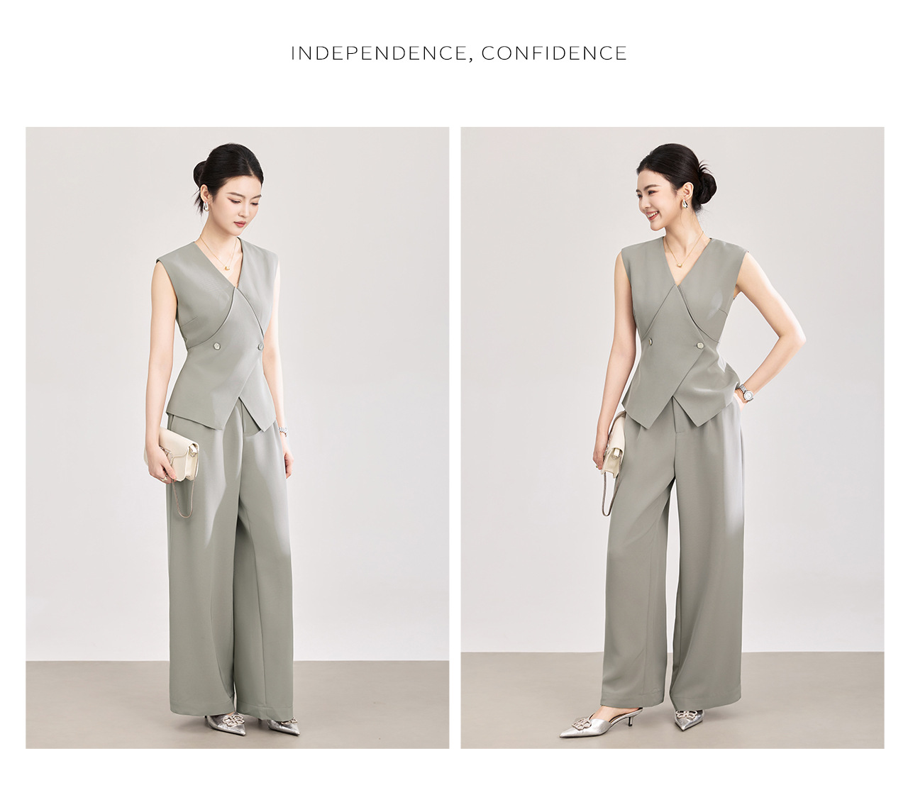 Set áo vest không tay dây buộc + quần ống rộng công sở nữ phong cách hiện đại — màu đen chi tiết 14