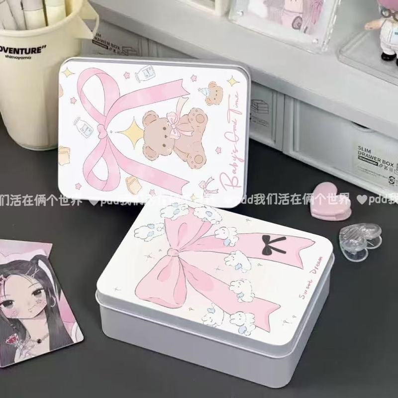 インス風ピンクリボンブリキ箱高見えガールフォトカード素材かわいい収納ボックステーブルステッカー収納|undefined