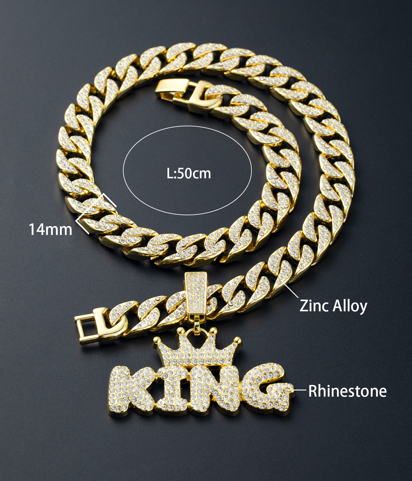 Style Crown Letters King Full Diamond Pendant Thickened Cuban Link Chain Trendy Men Hip Hop  Sold Jewelry  Wholesale display picture 1