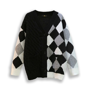 [special clearance] plus size women's color matching rhombus knitted cardigan autumn and winter slightly fat MM loose slimming belly cover