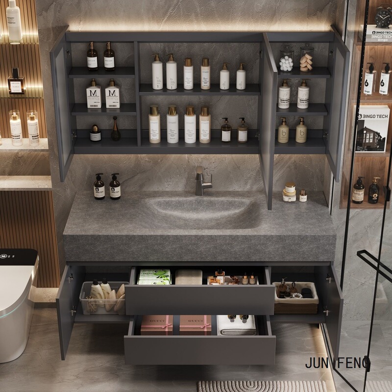 Light Luxury Style Bathroom Gray Stone Slab Heat-Bent Integrated Basin Set Bathroom Sink Washbasin Vanity Basin