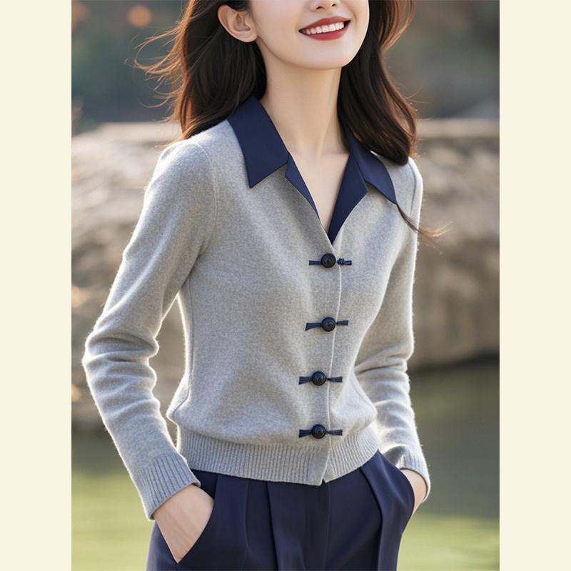 【逸品の婦人服】秋の気質の上着の大衆は中国式の襟の新しい中国式の国風を設計してニットの女性をつなぎ合わせます。|undefined