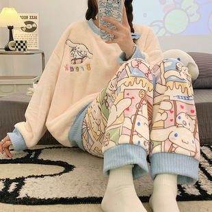 Winter Warm Pajamas Women's 2024 Japanese Cartoon Casual Cute Pullover Coral Fleece Outwear Home Clothes