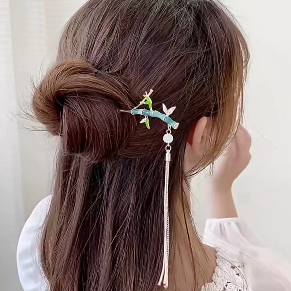 竹子竹節流蘇步搖髮簪古風女高級感漢服旗袍日常簡約氣質盤髮簪子