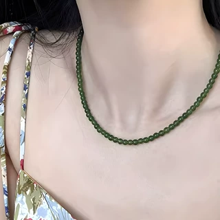 显白仿翡翠碧玉绿色串珠项链女新中式元宝扣颈链新款高级感锁骨链