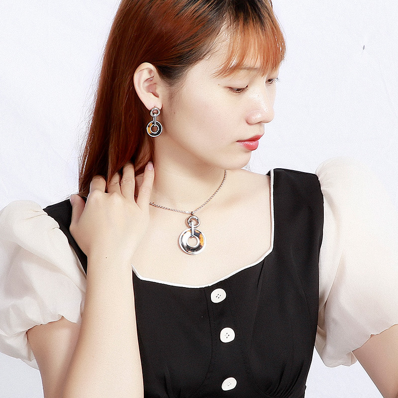 fashion creative stainless steel rhinestone earrings necklace set wholesale Nihaojewelry