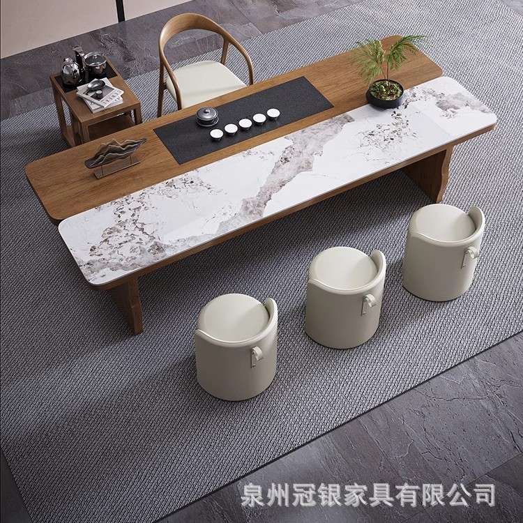 新中式实木大板泡茶桌椅组合现代简约家用岩板茶台办公室接待茶几|undefined