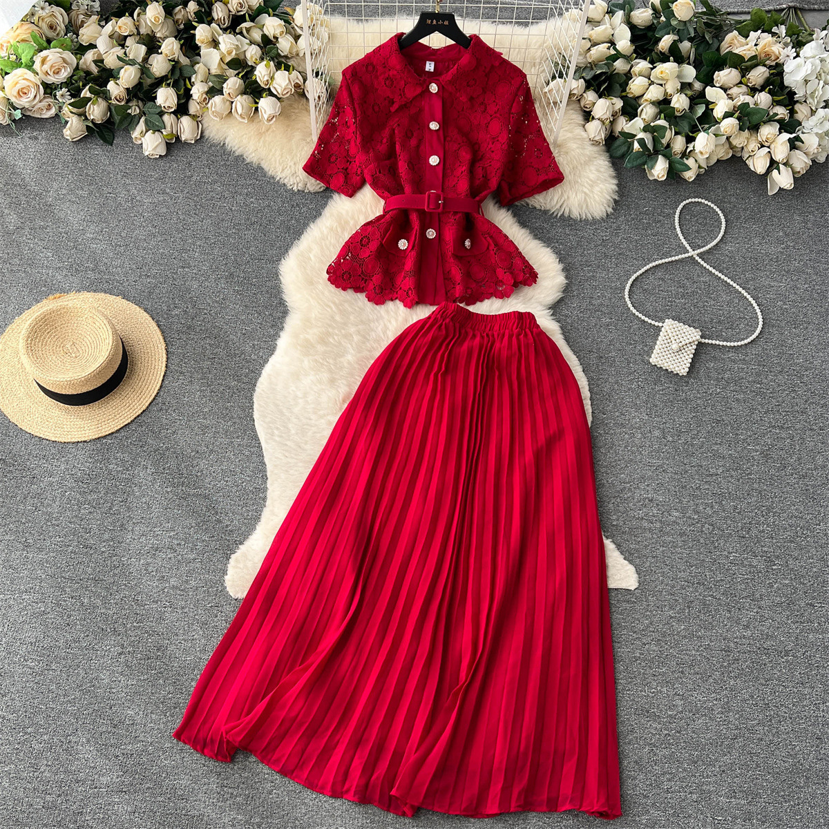 Damen Zweiteiliges Set Aus Kurzarmbluse Und Plisseerock Für Den Sommer_voghion.com