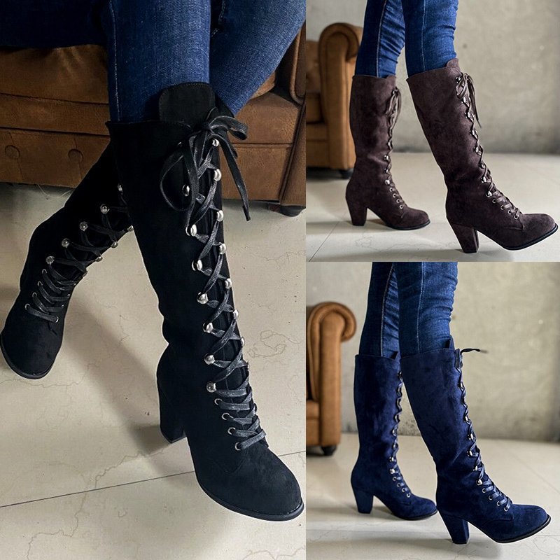 Women's Plus Size High Heeled Fashion Boots Chunky Heel Suede Cross Strap Long Boots European American Style Winter Slimming_vogvips.com