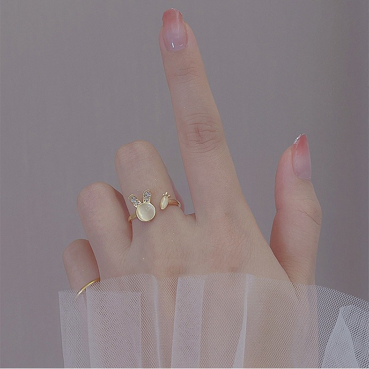 Adjustable Cat Eye Stone Rabbit Ring Alloy Geometric Fashion Ring_voghion.com