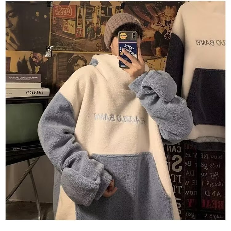 Shark sweater men's oversize lambswool coat lazy heavy stitching contrast color couple American hooded coat