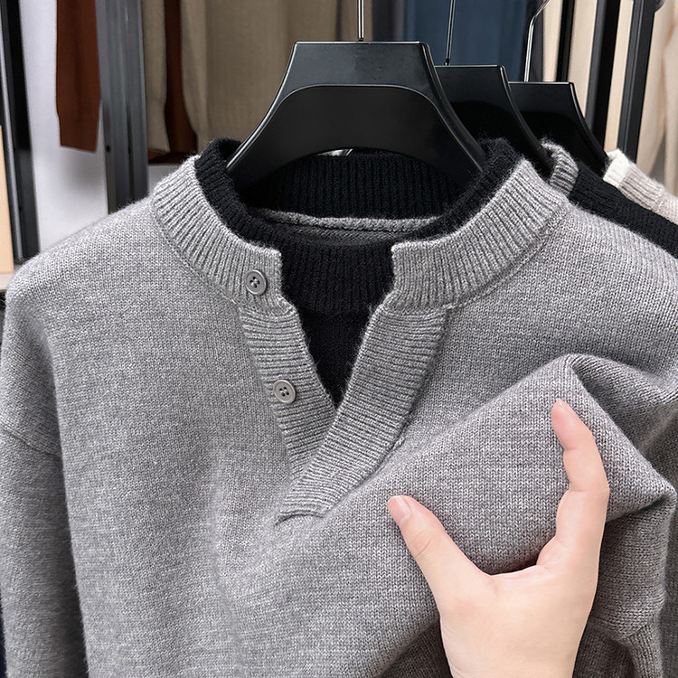 2025 otoño y invierno nuevo suéter de dos piezas falso estilo de moda casual coreano para hombres camisetas de punto cálidas