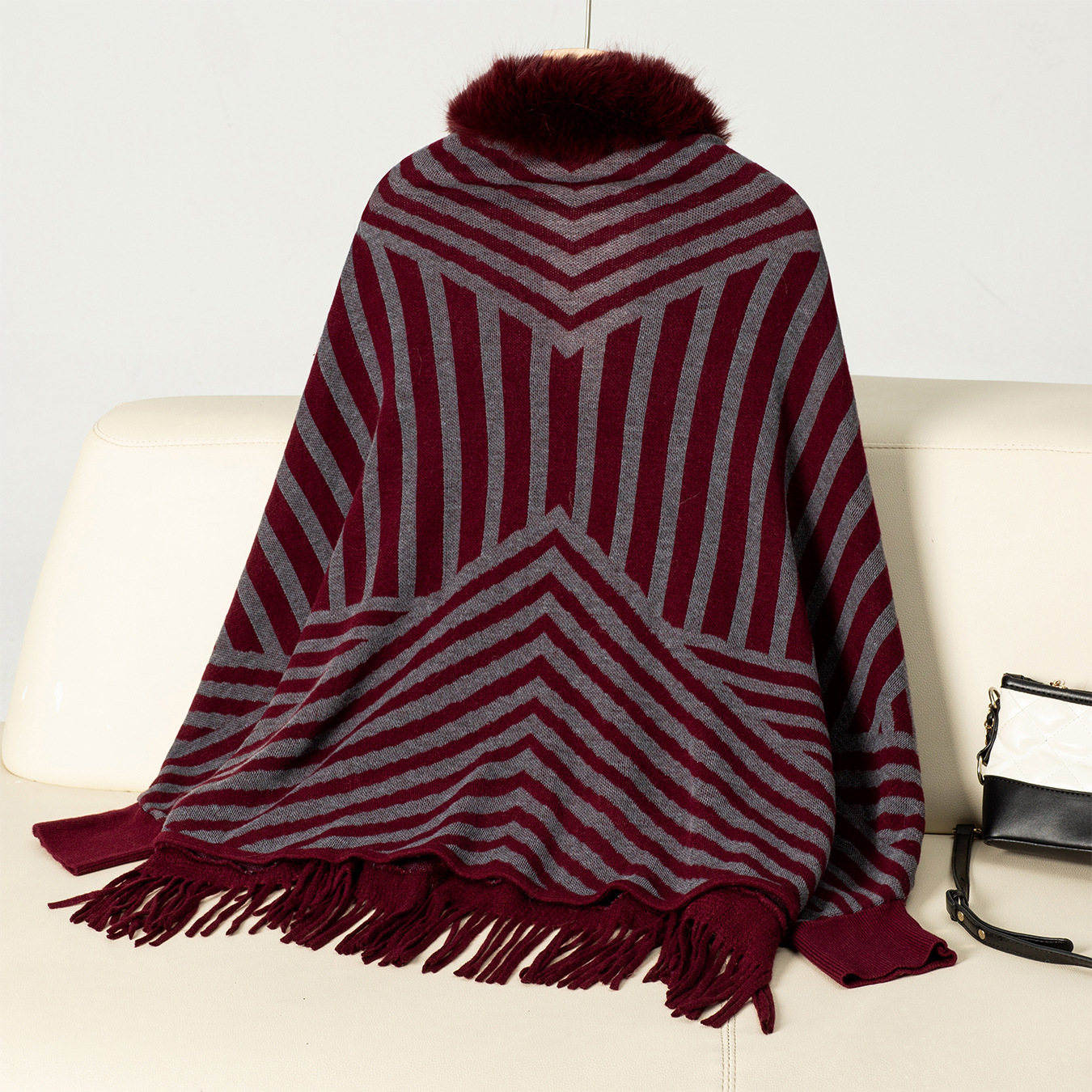 Fashion striped fringed knitted shawl cape all over the cape with a scarf sweater woman_voghion.com