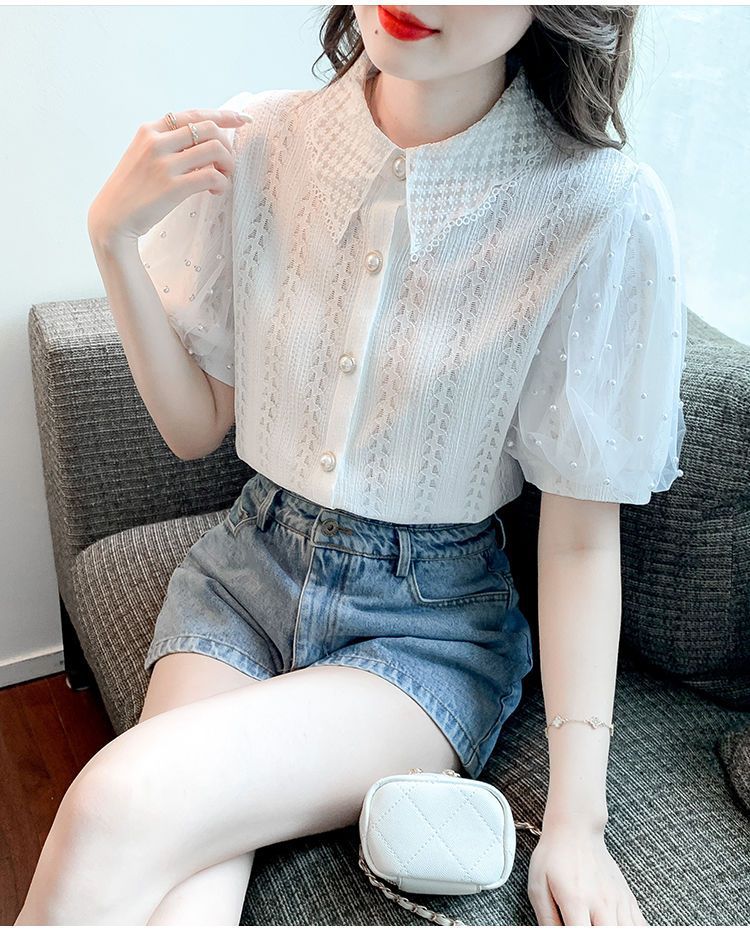 Camicetta da donna in pizzo con maniche a palloncino in rete con perline, cardigan estivo a maniche corte, top trasparente casual, abbigliamento da strada alla moda_voghion.com