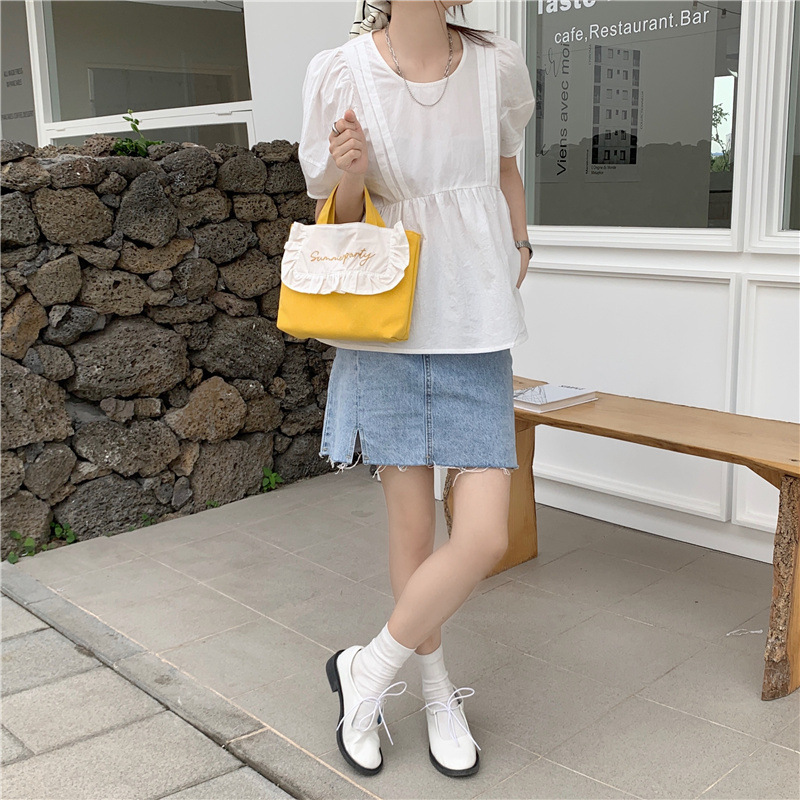 1441 Japanese and Korean chic Sweet ruffled bento Bag, Fresh embroidered hand-held small cloth bag, girl student bag wholesale undefined