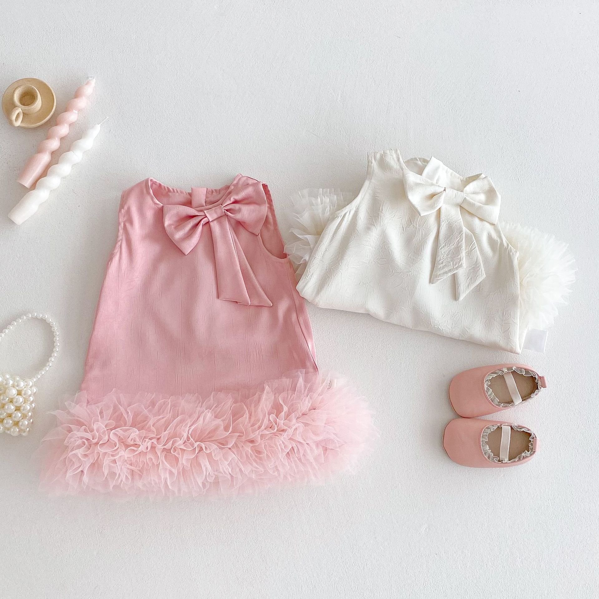 Girls' Bow Princess Dress 2025 New Summer Baby Girl Solid Color Mesh Dress Trendy Children Korean Style dress