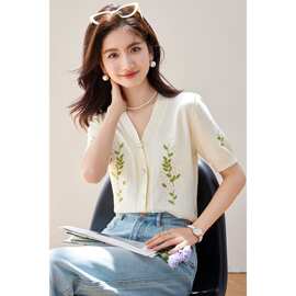 高级感法式v领绣花薄款针织开衫女夏季新款大码甜美修身短袖上衣