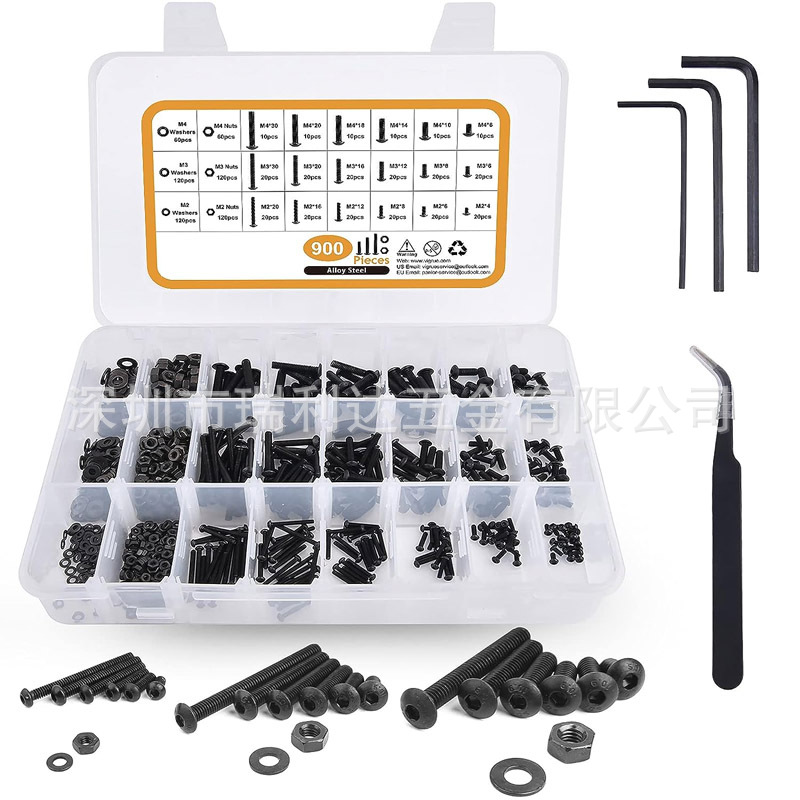 跨境货源900pcs 10.9级黑色圆头内六角螺丝钉配螺母平垫组合套装