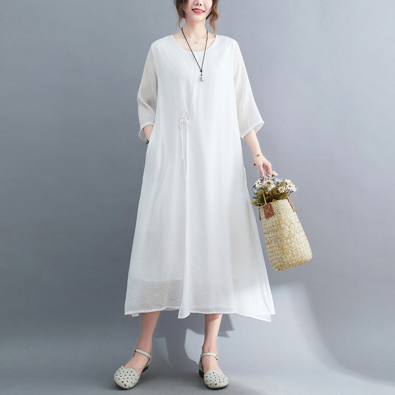 2022 Real-shot In-stock Vintage Artistic Elegant Cotton-linen Cool Round-neck Three-quarter Sleeve Zen-style Robe Dress_ecoleips.com