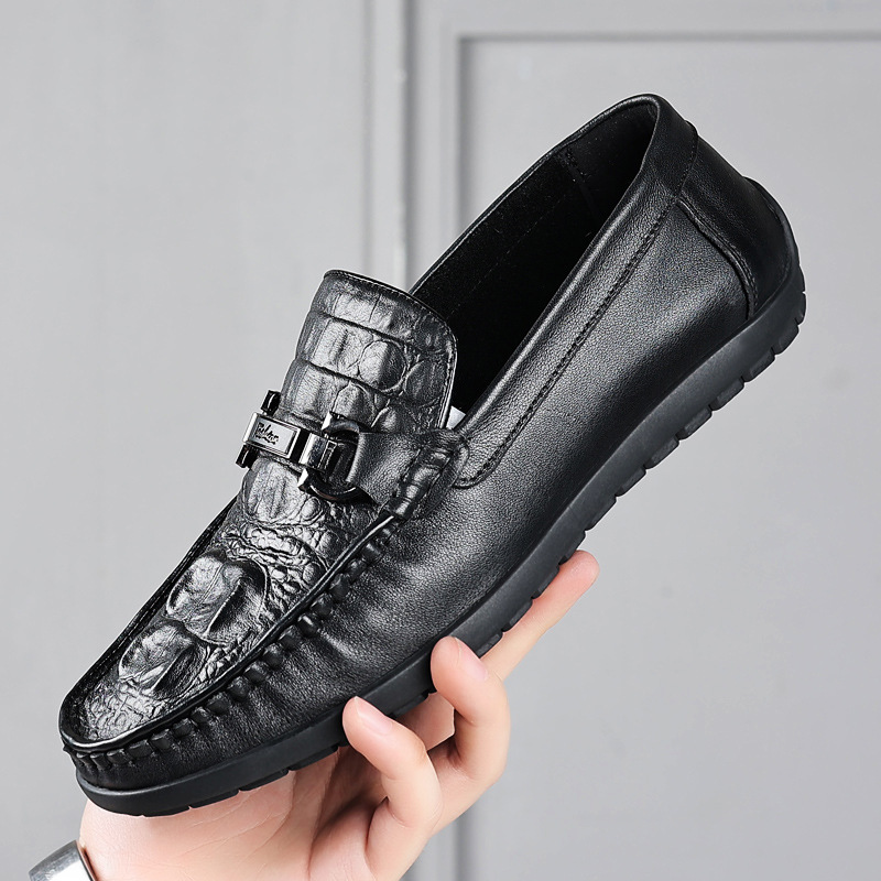 New Genuine Leather Beanie Shoes for Men, Casual Leather Shoes for Men, Breathable Slip-Ons, Crocodile Head Layer Cowhide Shoes, Wenzhou