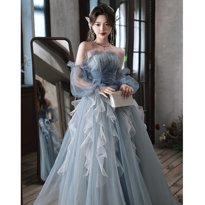 Bel canto solo costume student art exam dress Mori host evening dress high-end luxury niche blue