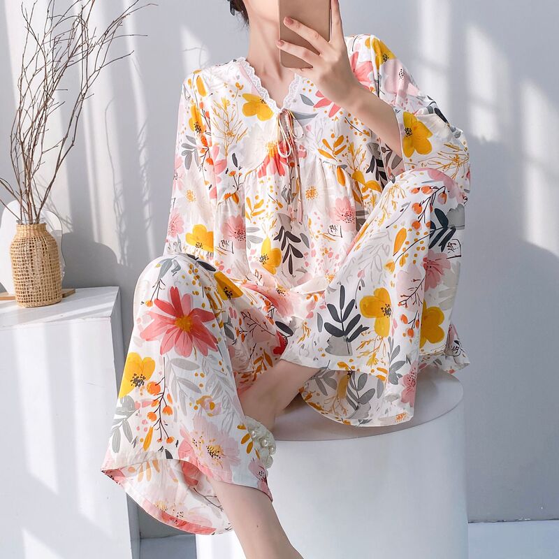 Printed Pajamas for Women, Cotton Silk Spring and Summer Style, Long Pants, Large Size, Loose Wide-Leg Pants Set, Trendy High-End Loungewear